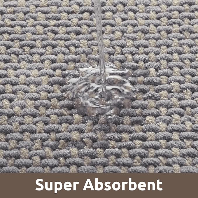 AMOAMI Chenille Bath Mat Super Absorbent Bathroom Mat Quick Dry Low Pile Bath Mats for Bathroom Washable Rubber Backed Bathroom Runners Fit Under Door, Front of Bathtub, Sink, LIGHTGREY&Beige 24"x70"