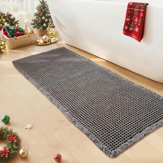 Waffle Runner Bath Mat - Long Boho Bathroom Rugs Non Slip Washable, Super Absorbent & Quick Dry, Soft Bath Mat Farmhouse Bathroom Decor, 24'' x 72'', Dark Grey