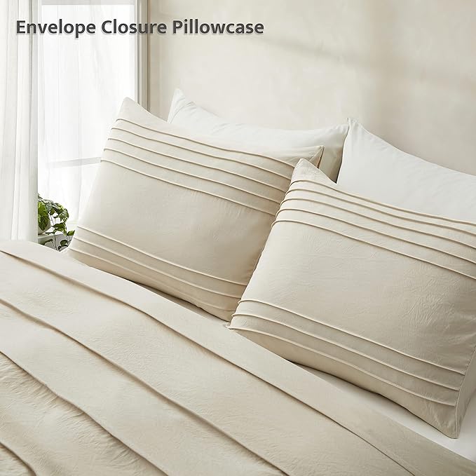 Oli Anderson Beige Duvet Cover Queen Size - Pleated Queen Duvet Cover, 3PCS Soft and Breathable Textured Bedding Set with Zipper Closure(Beige,90"x90")