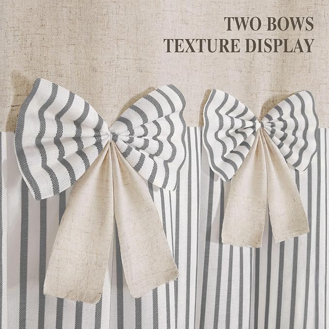 Farmhouse Shower Curtain Linen Bow Woven Fabric Country Rustic Western, Pleated Green Stripe 72" W x 72" L