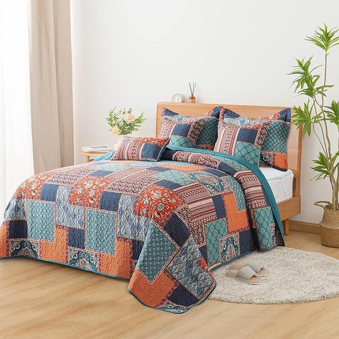 BEDIFANY 3 Pieces Cotton King Size Quilt Sets, Lightweight Bedspread King Size Soft Farmhouse King Quilt Bedding Sets for Bed Decorations for All Seasons,Orange