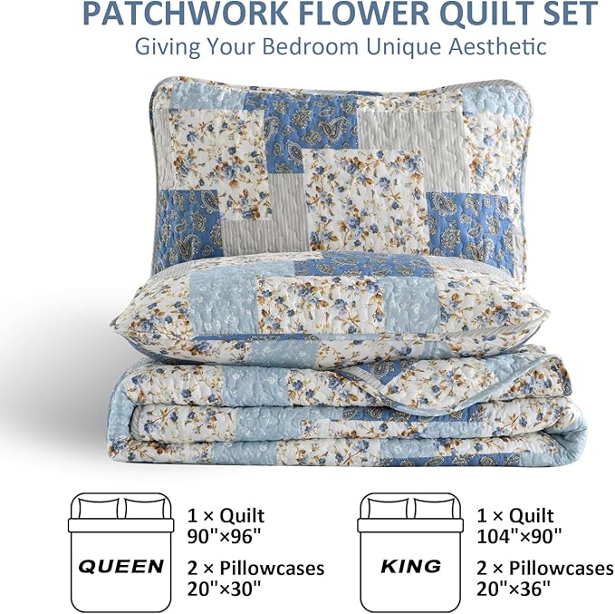 Mybedsoul Light Blue Quilt Set King Size, 3 Pieces Boho Plaid Floral Bedspread Set Microfiber Lightweight Bohemian Bedding Bedspread Coverlet Set for All Season 90"x104"