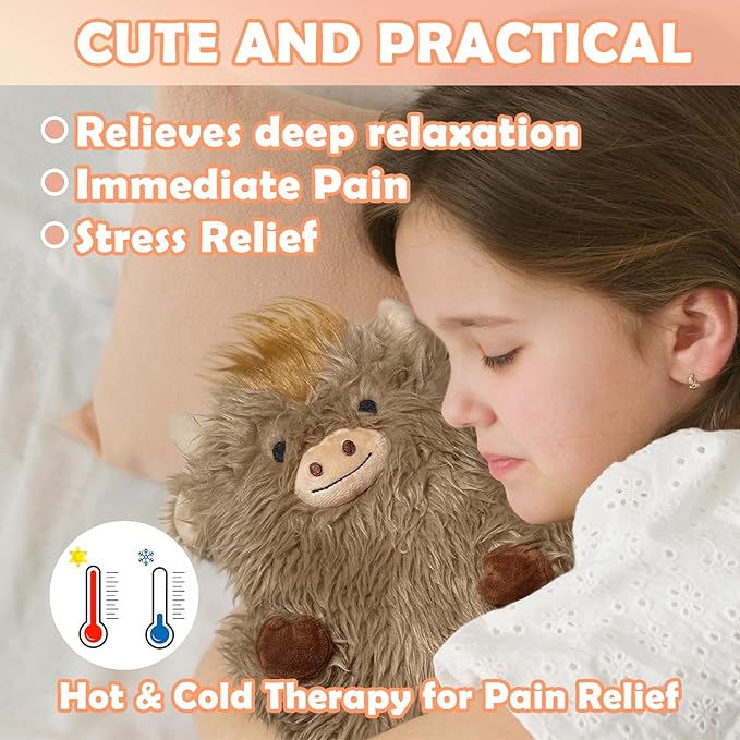 Microwave Heating Pad for Period Cramps Weighted Highland Cow Cute Stuffed Animal Removable Heated for Menstrual Adorable Plush Microwavable Heat Pack for Pain Relief Gifts for Kids Girls unscented