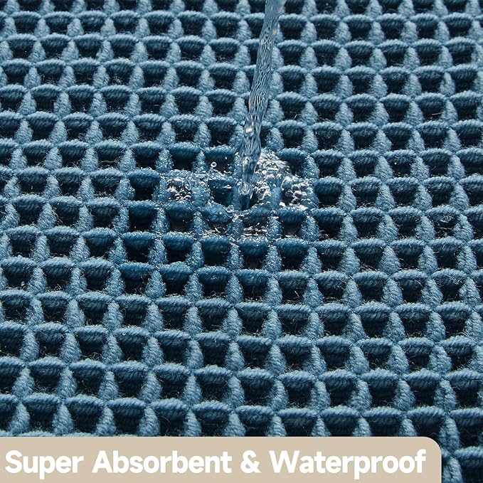 Waffle Bath Mat, Boho Bathroom Rugs Non Slip Washable Super Absorbent Quick Dry Bath Mat Farmhouse Bathroom Decor, 24"x16" Denim Blue