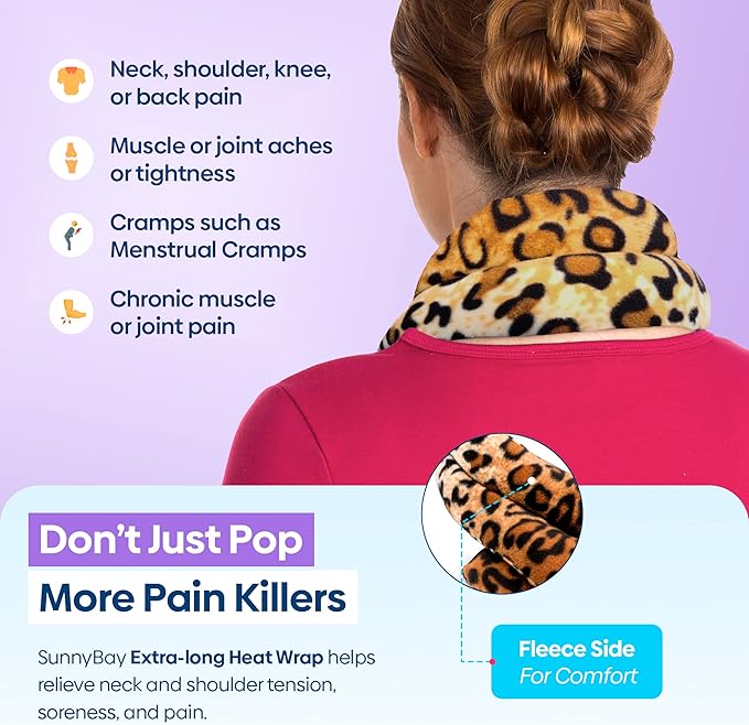 SunnyBay Microwave Heating Pad, Microwavable Heated Neck and Shoulder Wrap, Soothing Weighted Moist Heat or Ice Pack with Flaxseed and Lavender, 26x5 Inches, 2.5 lbs, Leopard