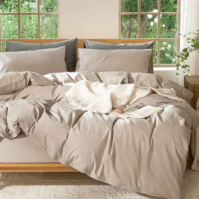 MooMee Bedding Duvet Cover Set 100% Washed Cotton Linen Like Textured Breathable Durable Soft Comfy (Heathered Taupe, Full 80"x90")