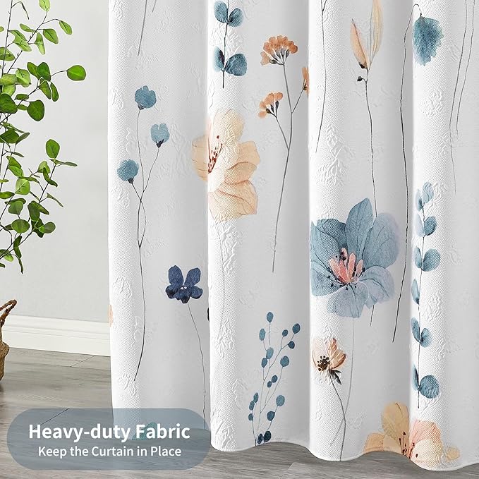 QiyI Watercolor Floral Shower Curtain, 3D Embossed Butterflies Blue Beige Flower Bathroom Curtain, Minimalist White Cloth Bath Curtain, Waterproof Fabric Textured Shower Curtain Set with Hooks, 72x72