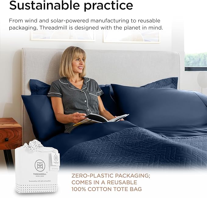 Threadmill 100% Cotton Sheets for King Size Bed - 600 Thread Count King Bed Sheets Set with 16” Deep Pocket - Sateen Weave 4-Piece Bedding Set with Cooling Effect, Folkstone Blue