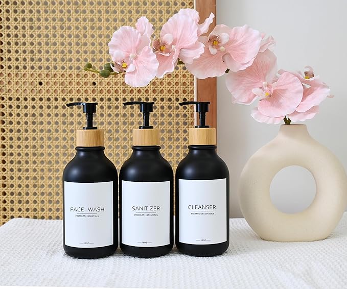 Frosted Plastic Shampoo and Conditioner Bottles, Apothecary Dispenser Bamboo Pump, Refillable Bottles for Shower Lotion, Oil, Hand Soap, Sanitizer, Liquid Soap, Set of 3 with 9 Labels (3, Matte Black)