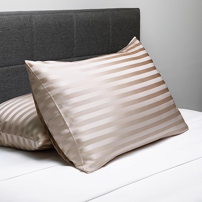 Fishers Finery 25mm 100% Pure Mulberry Silk Pillowcase (Taupe Stripe Standard 2 Pack)