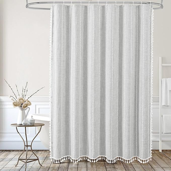 MitoVilla Modern Farmhouse Shower Curtain Set 72 x 78, Boho 78 inch Long Polyester Linen Tassel Fabric Shower Curtain Set for Chic Cottagecore French Rustic Bathroom Decor, Light Grey