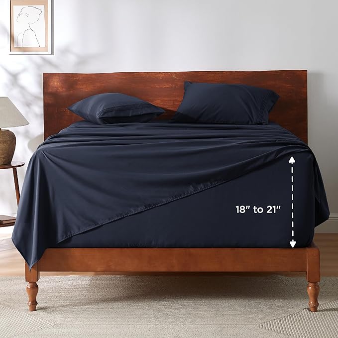 Bedsure Deep Pocket Queen Sheets Set - Fits Mattresses Up to 21 Inches Thick - 4 Piece GentleSoft Bed Sheets, Moisture Wicking, Soft & Cooling Bedsheet & Pillowcases, Easy & Secure Fit, Navy