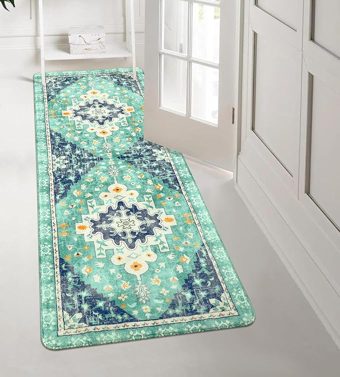 Uphome Boho Vintage Bathroom Runner Rug Green Non-Slip Soft Bedroom Rug Machine Washable Oriental Hallway Rug Traditional Tribal Floral Floor Mats for Kitchen Kids Room Entryway, 24x59 inch