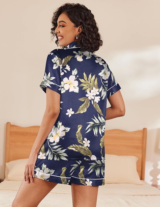 Ekouaer Women's Silk Satin Pajama Set Short Sleeve Pjs Shorts Set Comfy Button Down 2 Piece Sleepwear Loungewear