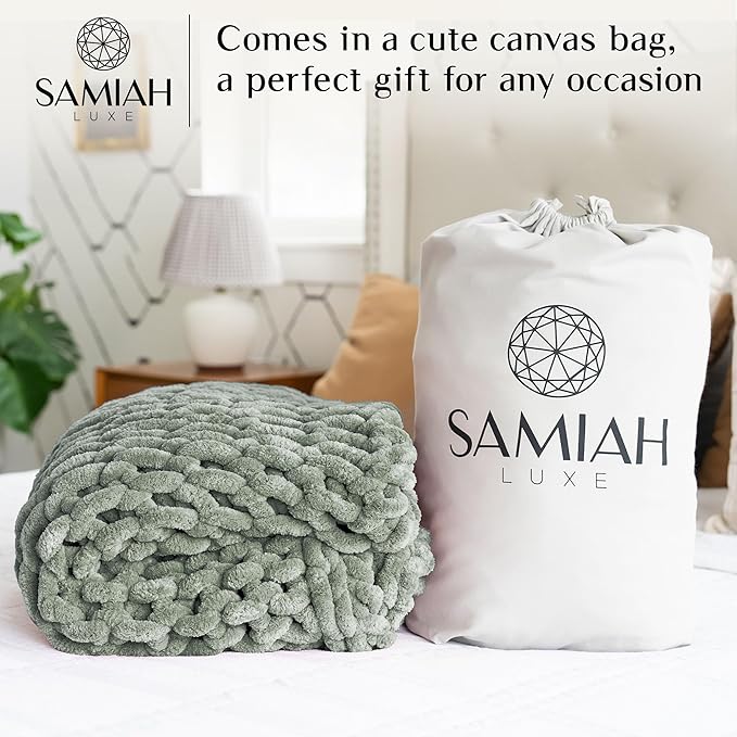 SAMIAH LUXE Sage Green Chunky Knit Blanket Throw 50x60, Chenille Chunky Knit Throw Blanket for Living Room Decor or Boho Decor, Thick Yarn Knitted Blankets for Couch or Bed, Knitted Crochet Blankets