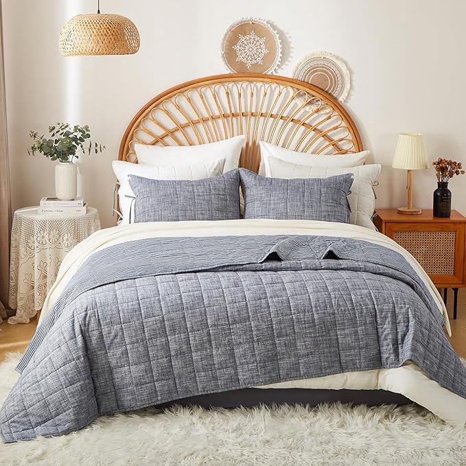 Navy Blue Quilt King Size Bed Spreads - 3-Piece Set with Blue Stripe Coverlet, Light Weight Quilt & 2 Pillow Shams