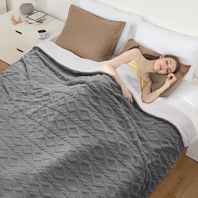 CAROMIO Electric Blanket King Size Dual Control - Thick Tufted Sherpa Heated Blanket with 10 Heating Levels and 10 Time Settings, ETL Certified Fast Heating Blankets King Size 90"×100", Grey