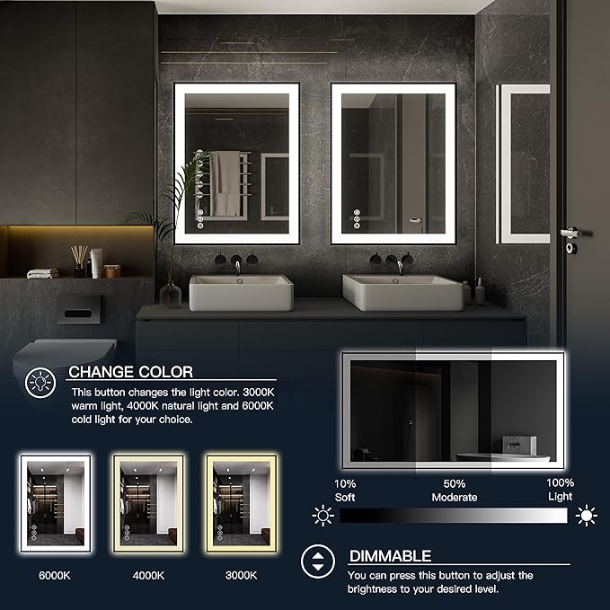 ISKM Framed LED Mirror for Bathroom 36"x30", Dimmable LED Bathroom Mirror with Lights, Anti-Fog, Front and Backlit Lighted Mirror 3-Colors, Shatterproof, Memory Function