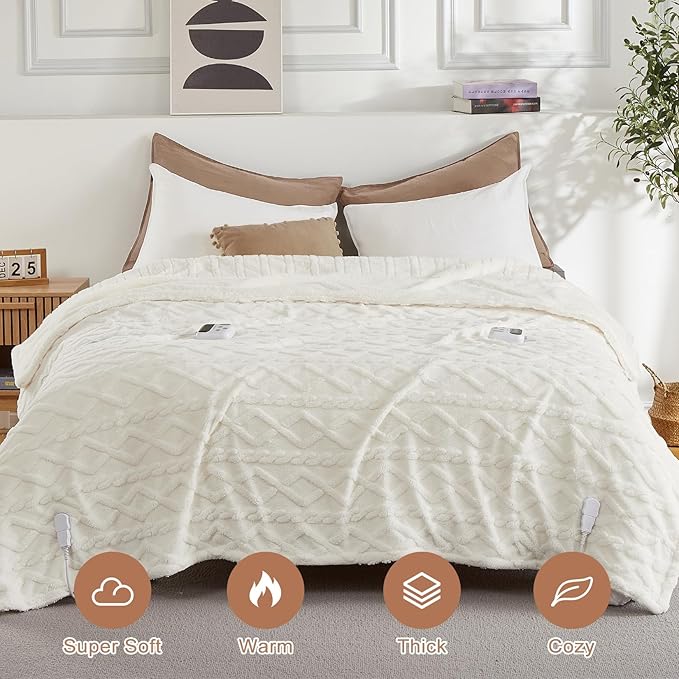 CAROMIO Electric Blanket Queen Size Dual Control - Thick Tufted Sherpa Heated Blanket Queen with 10 Heating Levels and 10 Time Settings, ETL Certified Fast Heating Blanket Queen Size 84"×90", White