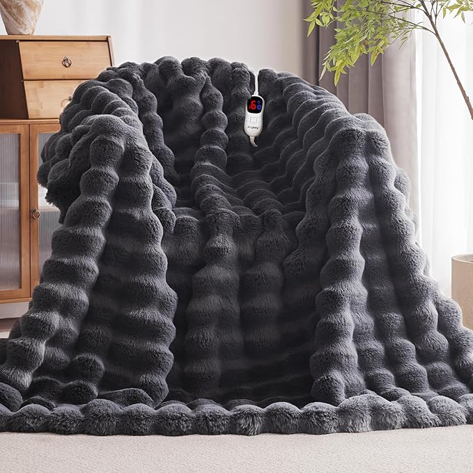 Heated Blanket Queen Size with 1/2/4/6/8 Hours Auto-Off 10 Heat Level, 72'' * 84'' Cozy Faux Rabbit Fur Bubble Electric Blanket with Overheat Protection(Dark Grey)