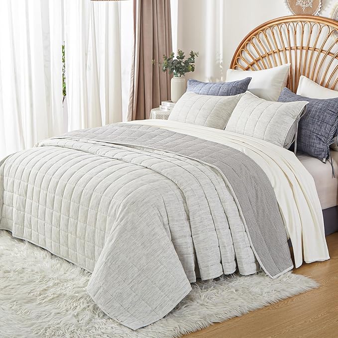 White Quilt King Size， Cotton Linen King Size Quilt Set，3-Pieces Bed Spreads with Grey Plaid Coverlet Lightweight Comforter with 2 Pillow Shams