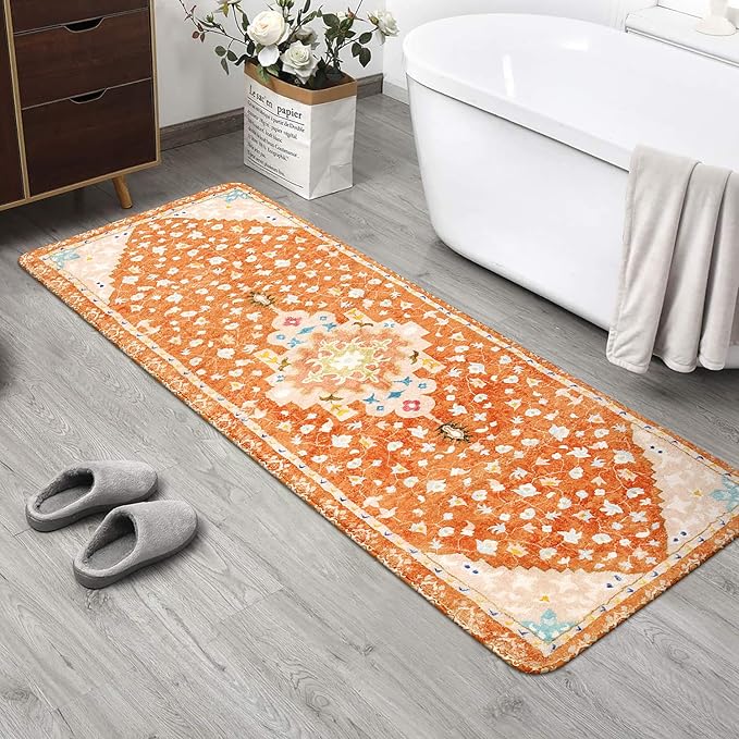 Uphome Long Boho Rug Orange Vintage Floral Bathroom Runner Rug Non-Slip Machine Washable Bath Mat Soft Velvet Oriental Traditional Aesthetic Accent Rug for Sink Shower Doormat Tub, 20x59 inch