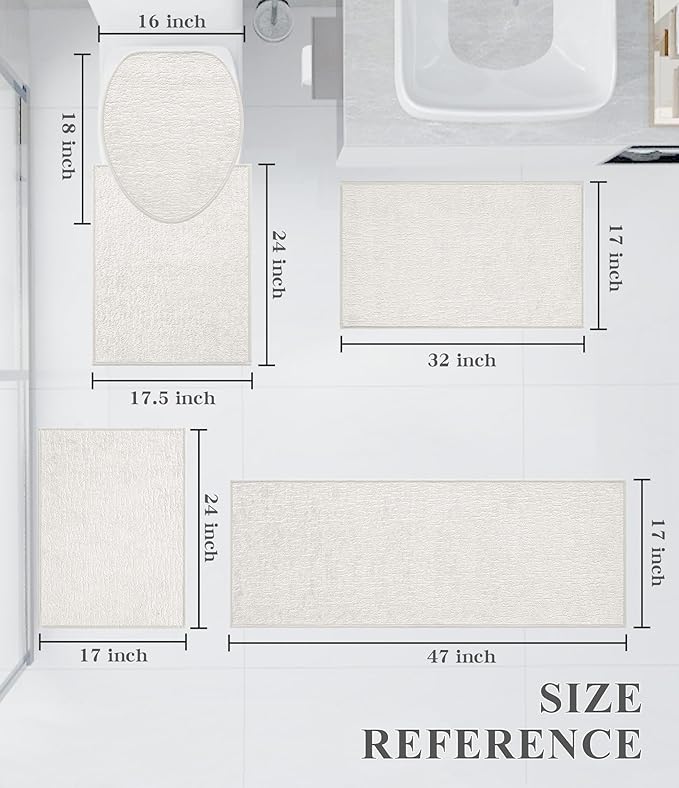 chakme Bathroom Rug Sets 5 Piece, Ultra Thin Bath Mat Quick Dry, Absorbent, Non Slip, Machine Washable, White, 17" x 24"