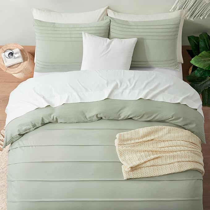 Oli Anderson Mist Sage Duvet Cover Queen Size - Pleated Queen Duvet Cover, 3PCS Soft and Breathable Textured Bedding Set with Zipper Closure(Mist Sage,90"x90")