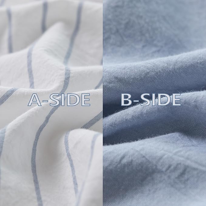 Reversible Duvet Cover Set 100% Washed Cotton Sky Blue Stripe Linen Feel Duvet Cover King Size with Zipper Closure & 2 Pillow Shams,Sky Blue/White Stripe Reverse Solid Sky Blue