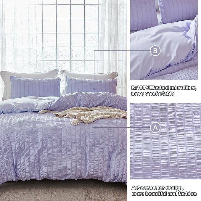 AveLom Lavender Purple Seersucker Duvet Cover Set Queen (90 x 90 inches), 3 Pieces (1 Duvet Cover + 2 Pillow Cases), Ultra Soft Washed Microfiber, Textured Duvet Cover with Zipper Closure, Corner Ties
