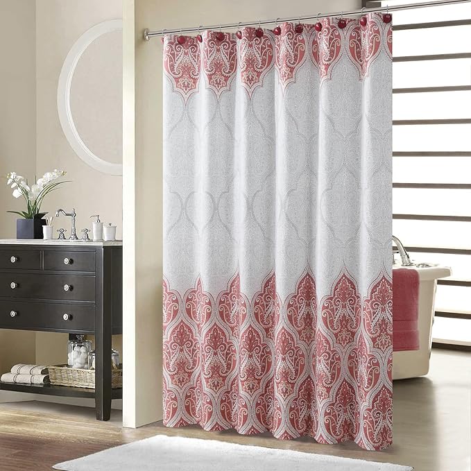 Paisley Shower Curtain, Water Repellent Fabric with Terracotta & Gray Bohemian Print, 12 Metal Grommets & Weighted Hem, 72x72 Inches