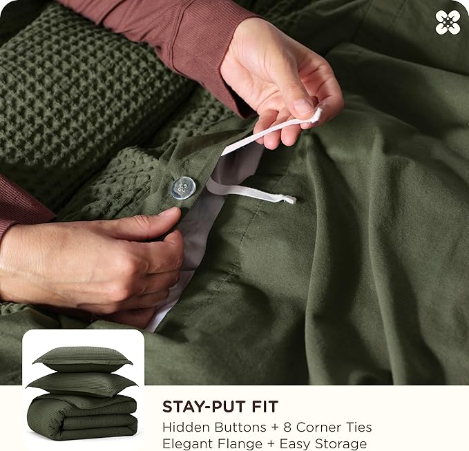 Bedsure Cotton Duvet Cover Full - 100% Cotton Waffle Weave Olive Green Duvet Cover Set, GentleSoft™ and Breathable Bedding Set for All Season, 3 Pieces, 80"x90"