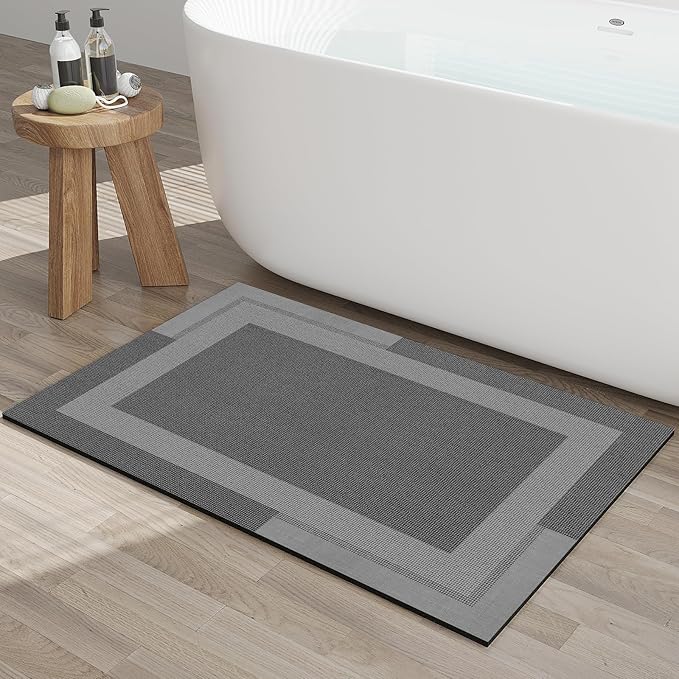Non Slip Bath Mat, Rubber Backing Ultra Thin Bathroom Rugs Fit Under Door Quick Dry Super Absorbent Washable Bath Rug Shower Mat for Bathroom Floor Bathtub Sink, Easy Care Dark Grey 16"x24"