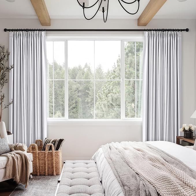Topfinel White 105 Inches Long Custom Blackout Linen Curtains, Pinch Pleated Noise Cancelling Curtains with Pin Hooks for Traverse Rods, Viral Drapes 2 Panels for Living Room Master Bedroom