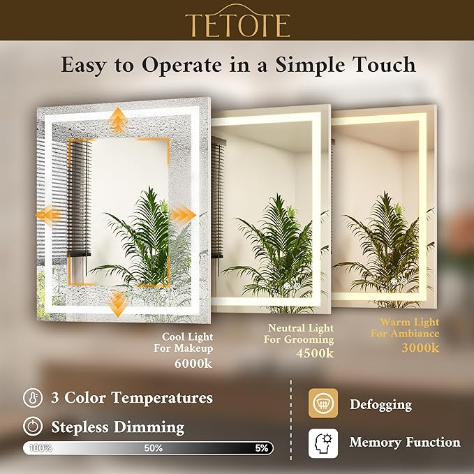 TETOTE 48 x 40 LED Lighted Bathroom Mirror with Lights, Brighter Led Vanity Mirror for Bathroom, Front and Backlit Illuminated Anti Fog Light up Mirror 3-Color Dimmable, Waterproof, Tempered Glass