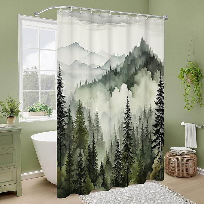 Dark Green Long Misty Pine Forest Shower Curtain 72 x 78, Mountain Foggy Woodland Scenery Tree 78 Inch Long Shower Curtains for Bathroom, Abstract Waterproof Nature-Themed Decor