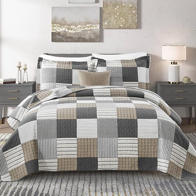 KALOOLA Plaid Quilts Queen Size, 100% Cotton Soft Lightweight Bedding Set 3 Pieces, Farmhouse Quilted Bedspread with 2 Pillowshams for Queen Bed, Grey White Black Coverlet for All Season