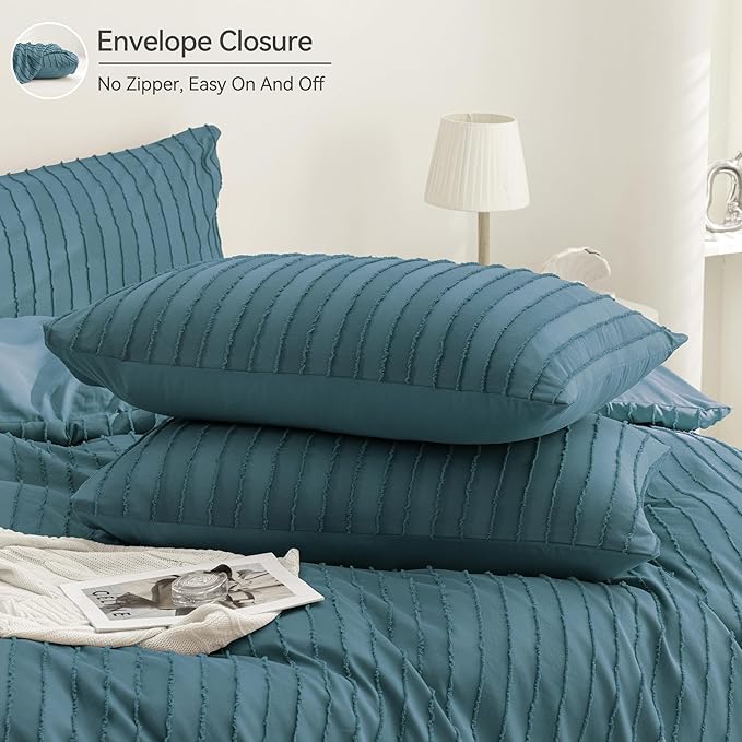 JELLYMONI Duvet Cover King Size Grayish Blue - 3PCS Boho Striped Duvet Cover Set Polyester Tufted Bohemian Textured Comforter Cover 104×90in with Corner Ties & Zipper and 2 Pillowcases
