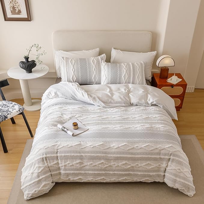 Cottonight White Black Boho Comforter Set Full Farmhouse Tufted Bedding Set Soft Bohemain Shabby Chic Blanket Quilts Embroidery Rustic Luxury Soft 3PCS Bed Set for Women Men