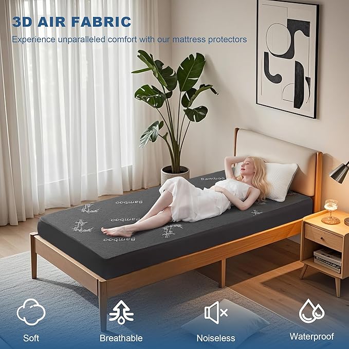 BEDLORE Twin XL Size Waterproof Mattress Protector Viscose Derived from Bamboo, Soft Mattress Cover Fitted with Deep Pocket 6"-15", Breathable & Cooling Noiseless Mattress Pad, Machine Washable(Gray)