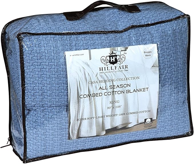 HILLFAIR 100% Combed Cotton Blanket– Queen Bed Blanket– Soft Cozy Warm Multipurpose Throws for Luxury Home Decor– 90 x 90 inch Queen Size Cotton Blankets for Beds- Bed Blankets for All Season- Blue