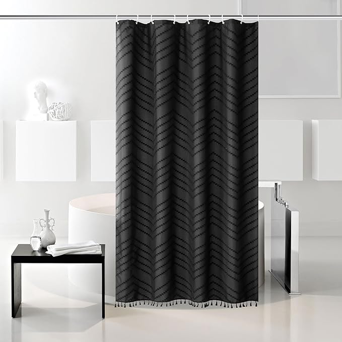 Stall Boho Woven Fabric Shower Curtain 48 x 72 Modern Farmhouse Textured Tufted Chevron Striped Minimalist Black Tassel Bathroom Curtain