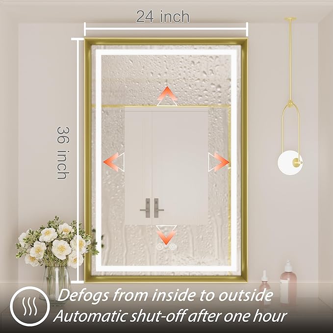 24x36 Inch Gold LED Mirror for Bathroom, 3 Color Temperatures (3000K/4500K/6000K), Anti-Fog, Dimmable Lights, Memory Function, Horizontal/Vertical Wall Mounted