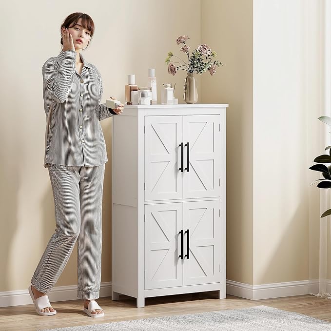 HOMCOM Farmhouse Bathroom Storage Cabinet with 4 Barn Doors, Bathroom Floor Cabinet with 2 Adjustable Shelf, Freestanding Storage Cupboard, White