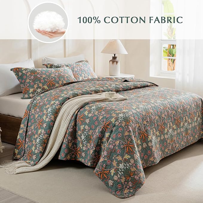 Lady Ann 100% Cotton Floral King Quilt Set - Vibrant Paisley Flowers Pattern Plant Botanical Printed Quilted Bedspread & Coverlet Set, 3 PCS Lightweight Extra Soft King Bedding Cover All Season