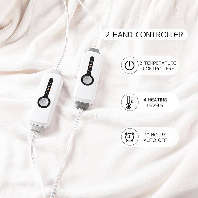 Electric Heated Blanket 84"x90" Queen Size, Soft Coral Fleece, Dual Controllers with 4 Heating Levels and 10 Hours Auto-Off, Machine Washable, Cozy Plush Fabric for Home, White