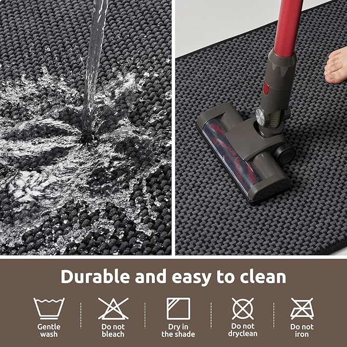 AMOAMI Chenille Bath Mat Super Absorbent Bathroom Mat Quick Dry Low Pile Bath Mats for Bathroom Washable Rubber Backed Bathroom Runners Fit Under Door, Front of Bathtub, Sink, Darkgrey&Black 24"x48"