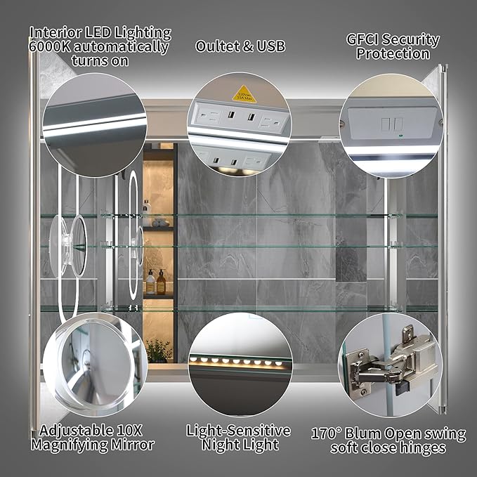 36"x32"Lighted Medicine Cabinet with Mirror，Recessed or Surface Mount LED Medicine Cabinet, Front&Backlit, Clock Temp Display, Anti-Fog, Stepless Dimming, 3-Color Temperatures, Adjustable Shelves