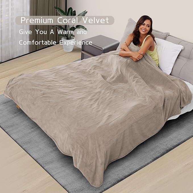 Electric Heated Blanket 84"x90" Queen Size, Soft Coral Fleece, Dual Controllers with 4 Heating Levels and 10 Hours Auto-Off, Machine Washable, Cozy Plush Fabric for Home, Light Brown