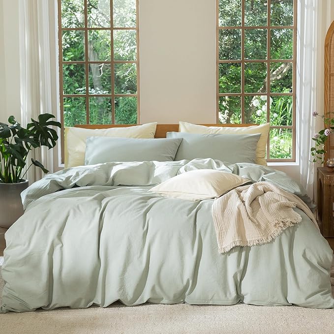 MooMee Bedding Duvet Cover Set 100% Washed Cotton Linen Like Textured Breathable Durable Soft Comfy (Heathered Sage Green, Palatial King/Oversized King 120"x98")